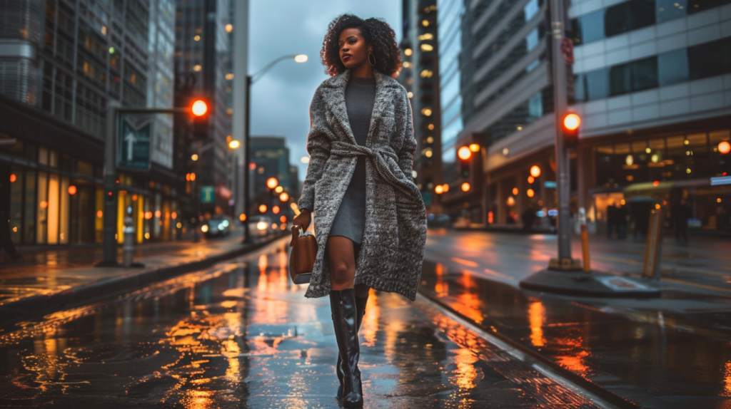 Evening travel outfit with knit dress and wrap coat for women by Passport Envy™.