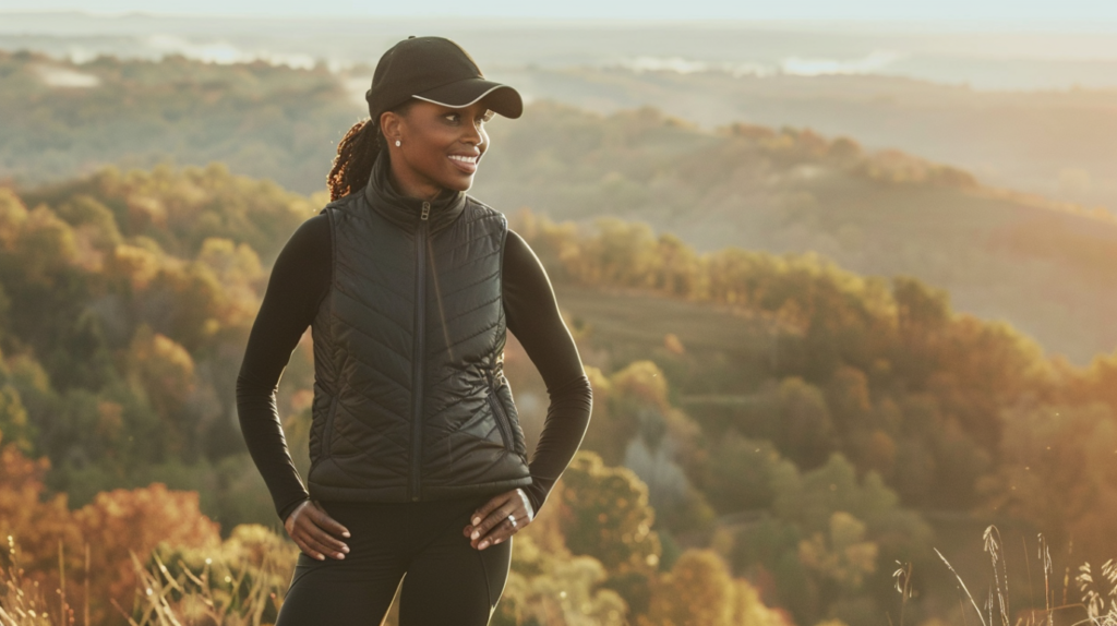 Layered hiking outfit for women — quilted vest and leggings for chic fall travel by Passport Envy™.