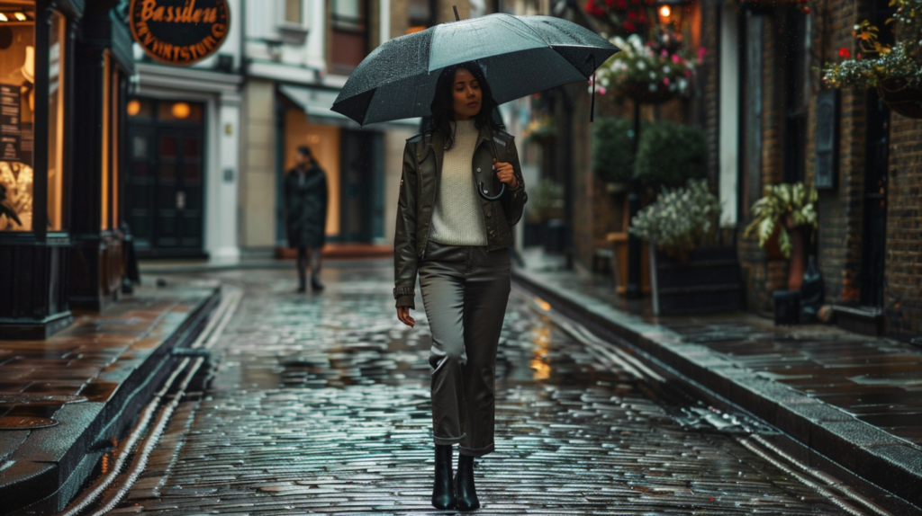 Rainy day chic fall travel outfit for women — waterproof jacket and boots by Passport Envy™