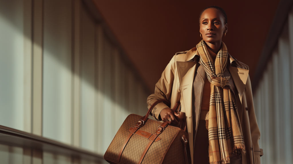 Stylish woman in fall fashion gliding through the airport with matching carry-on and tote — confident, calm, and travel-ready