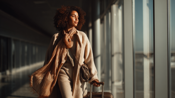 Stylish woman in fall fashion gliding through the airport with matching carry-on and tote — confident, calm, and travel-ready