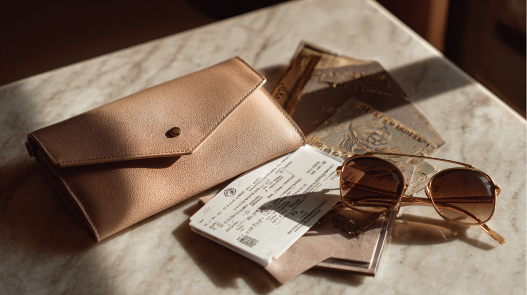 Flat lay of a foldable designer clutch next to a passport, boarding pass, and sunglasses — a chic travel essential for staying organized and polished